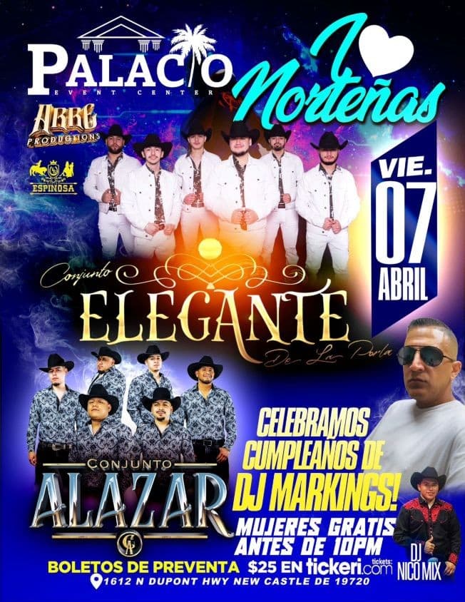 Event - Conjunto Elegante De La Perla & Conjunto Alazar En Vivo! @ Palacio Event Center, New Castle, Delaware - New Castle, Delaware - April 7, 2023 | concert tickets