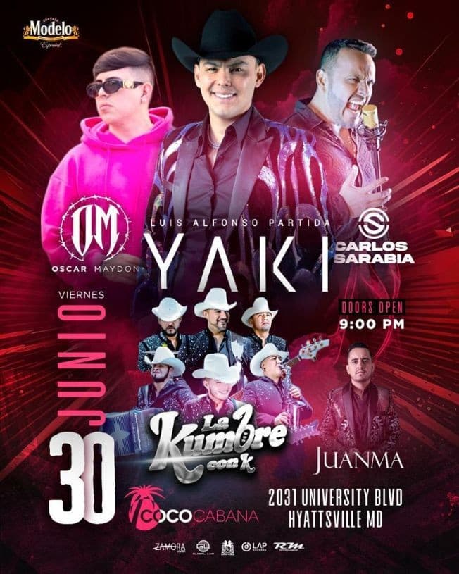 Event - EL YAKI, OSCAR MAYDON, CARLOS SARABIA, LA KUMBRE & JUANMA en MARYLAND - Adelphi, Maryland - June 30, 2023 | concert tickets