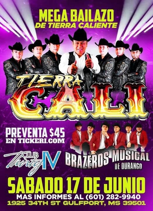 Event - TIERRA CALI , BRAZEROS MUSICAL DE DURANGO EN VIVO ! GULFPORT MISSISSIPPI - Gulfport, Mississippi - June 17, 2023 | concert tickets