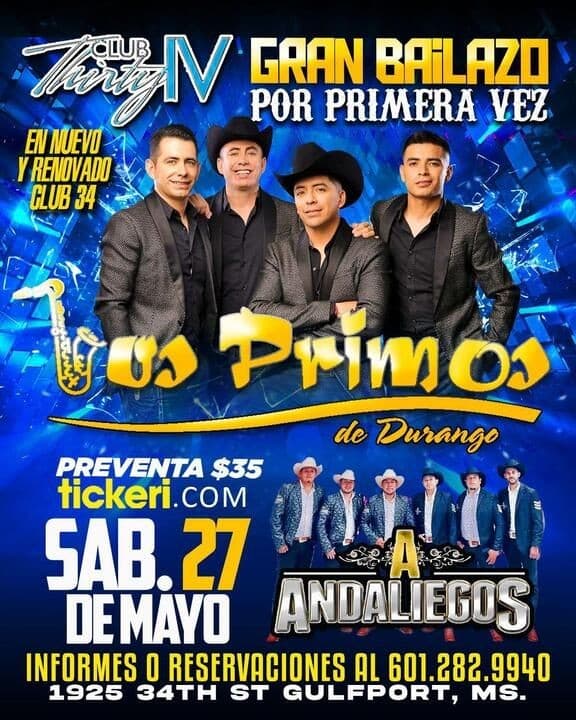 Event - LOS PRIMOS DE DURANGO , ANDALIEGOS EN CONCIERTO ! GULFPORT MISSISSIPPI - Gulfport, Mississippi - May 27, 2023 | concert tickets